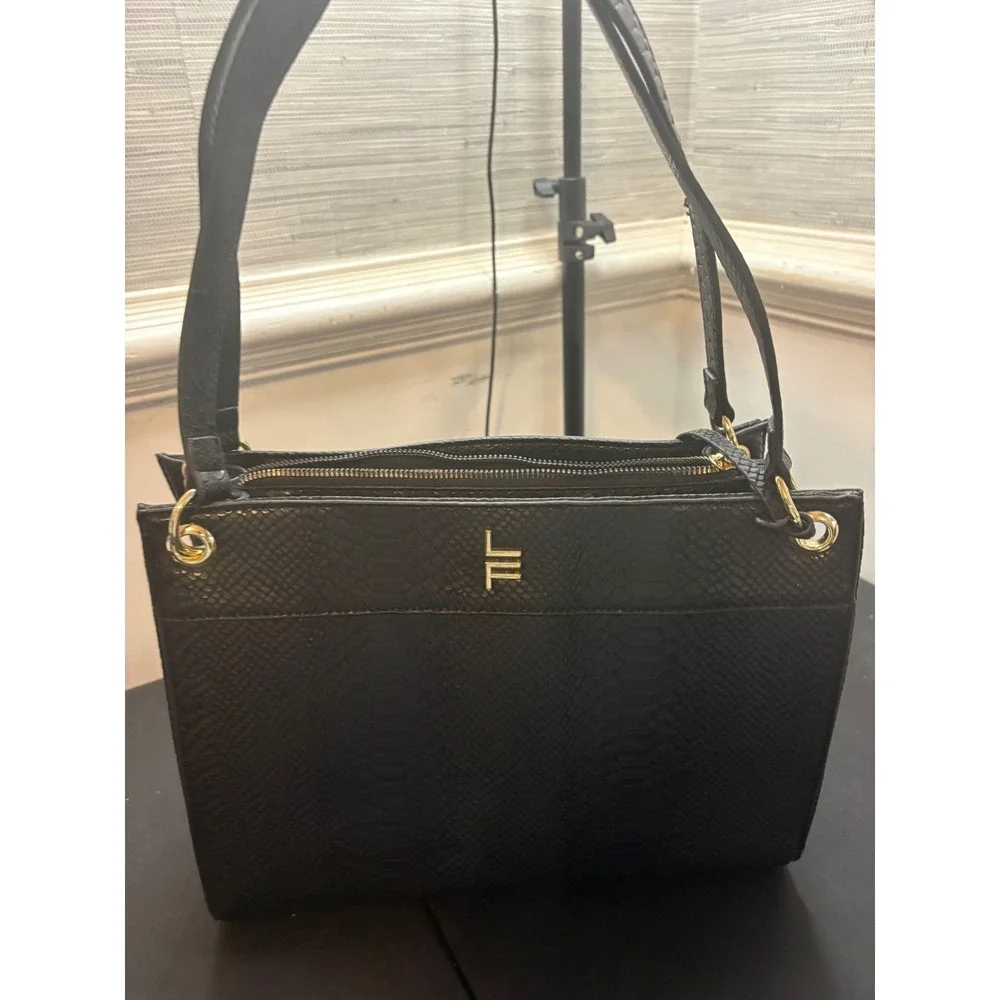 London Fog Black Snakeskin Embossed Shoulder Bag Gold Logo Faux Leather Tote